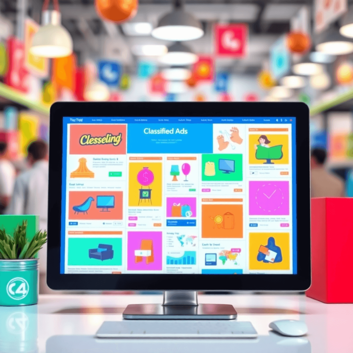 A colorful computer screen filled with diverse classified ads for products and services, set against a lively online marketplace backdrop, conveyin...