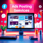 The Best Ad Posting Services To Promote Your Local Business A colorful digital marketing scene with a computer screen showing online ads, graphs, and analytics, featuring social media logos and an