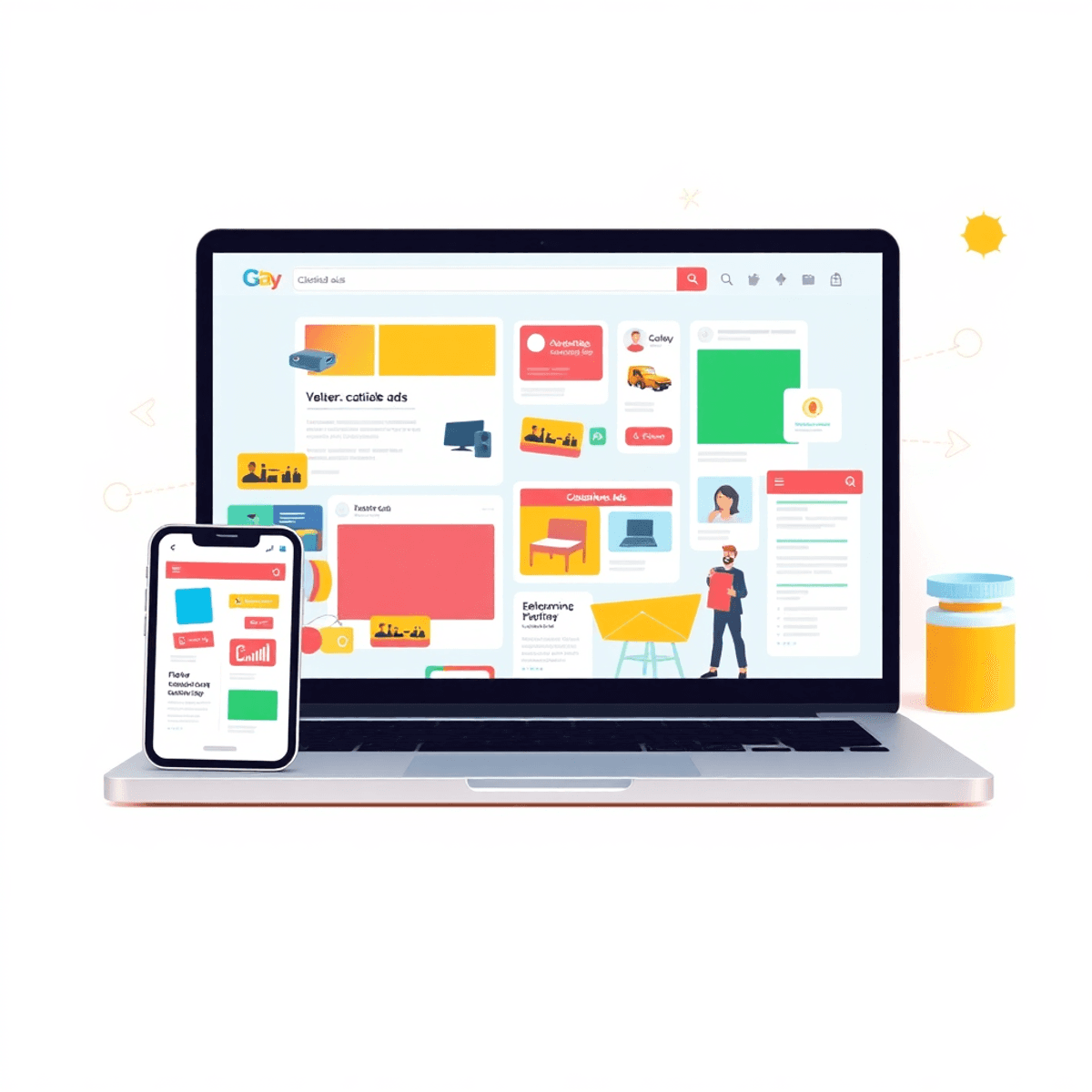 A colorful digital marketplace scene featuring a laptop displaying a user-friendly classified ads website, surrounded by symbols of connection like...