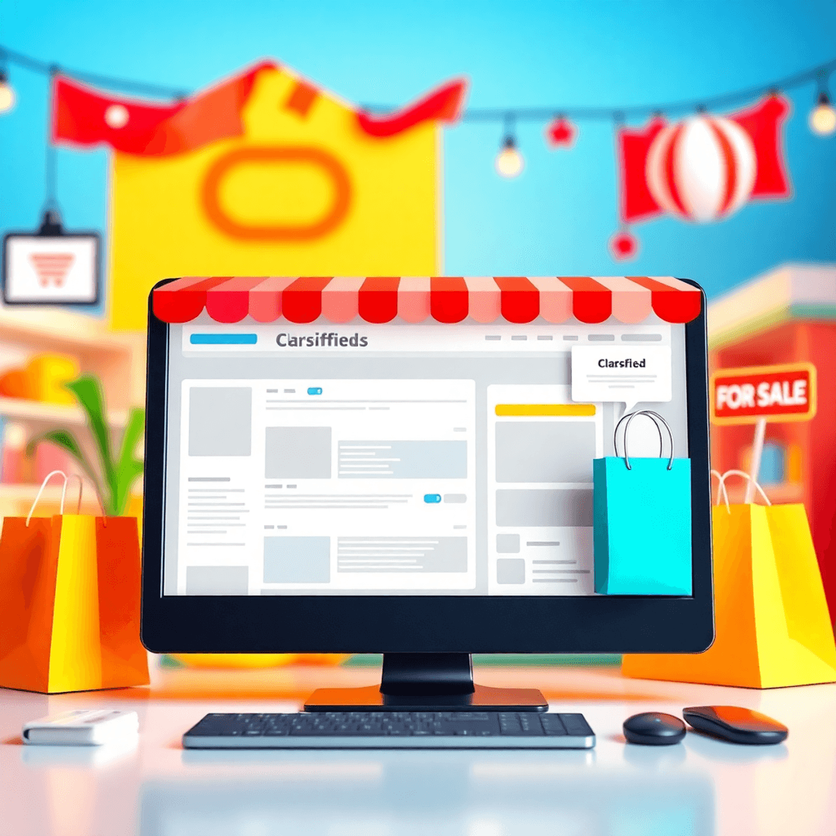A colorful digital marketplace scene with a computer and smartphone showing classified ads, surrounded by shopping bags, a "For Sale" sign, and job...