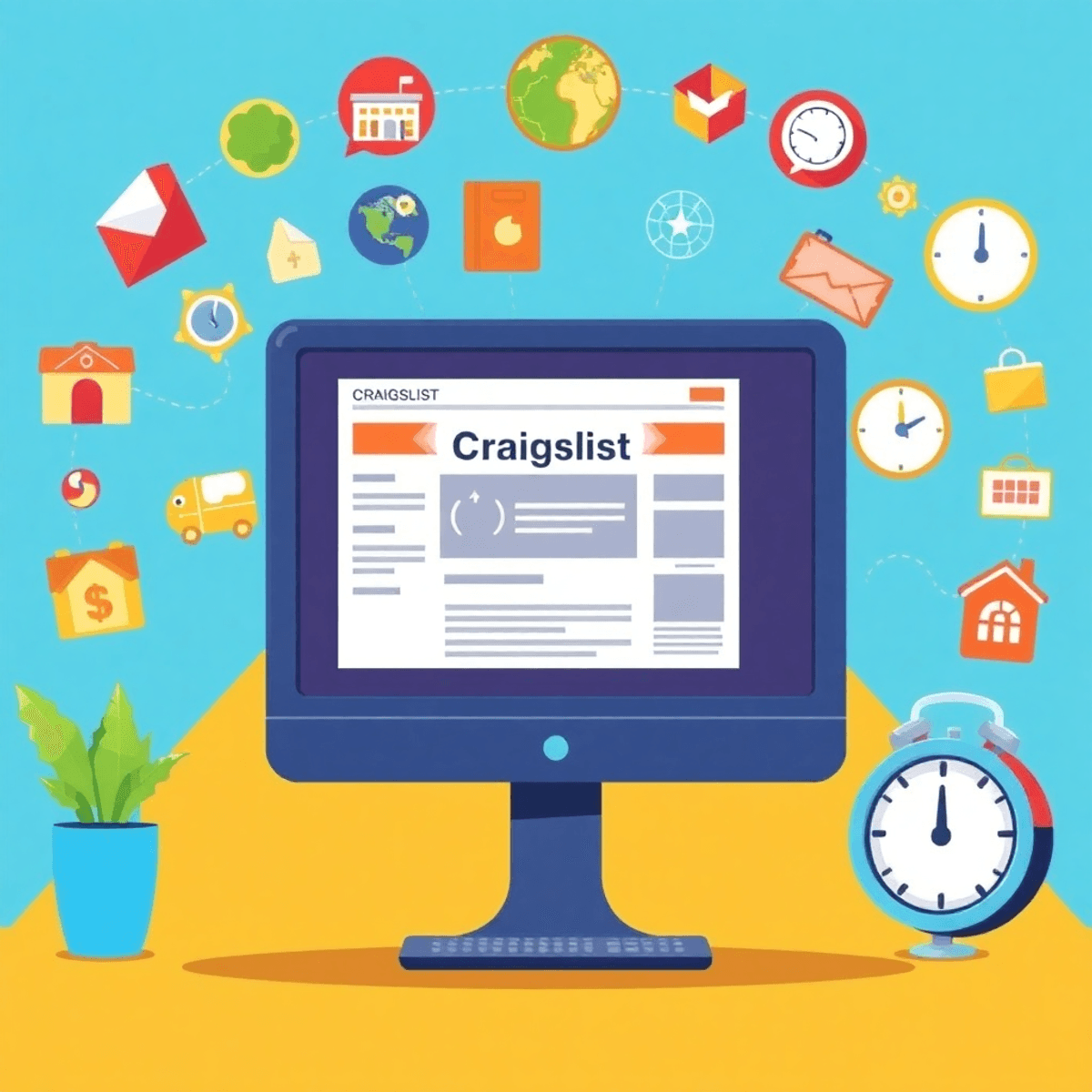 A colorful illustration of a computer screen showing a Craigslist ad, surrounded by icons for real estate, jobs, and services, with a map and clock...