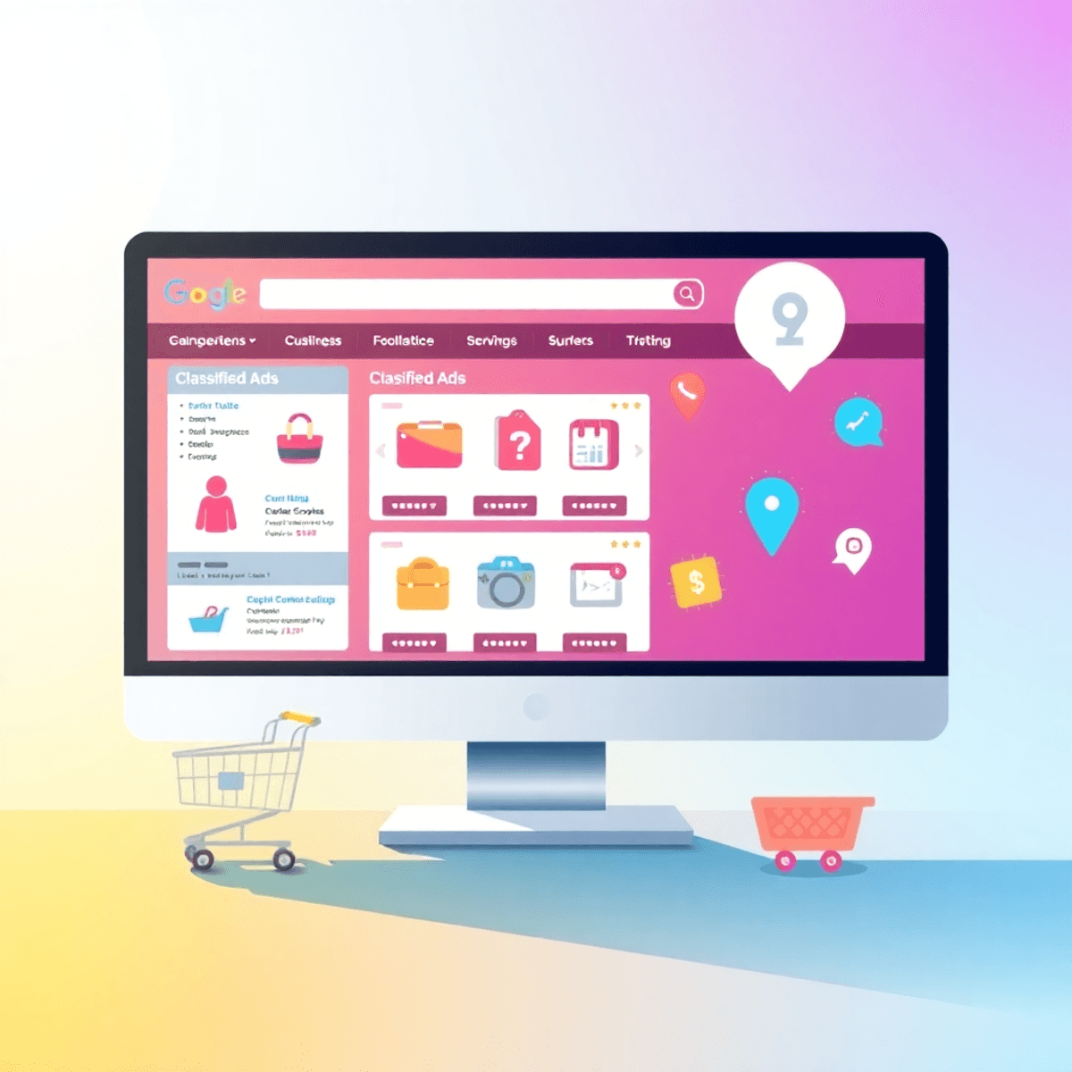 A colorful illustration of a digital marketplace featuring a computer screen with classified ads, shopping carts, price tags, and location icons ag...