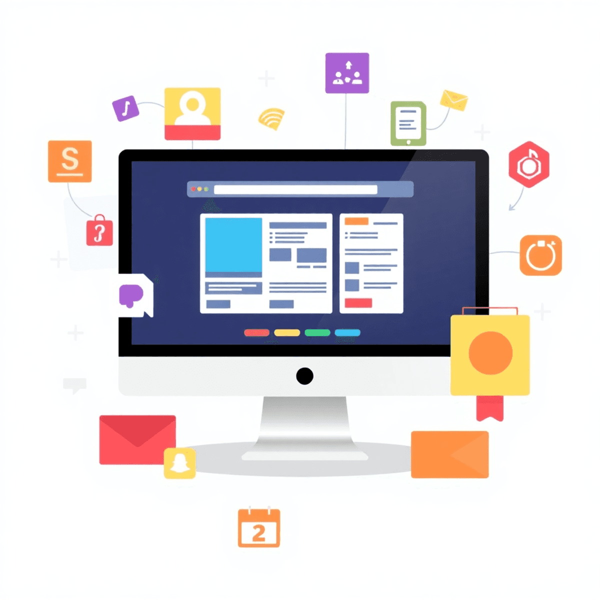 A digital illustration of a computer screen showcasing a classified ad platform, surrounded by colorful icons of online platforms and tech symbols,...