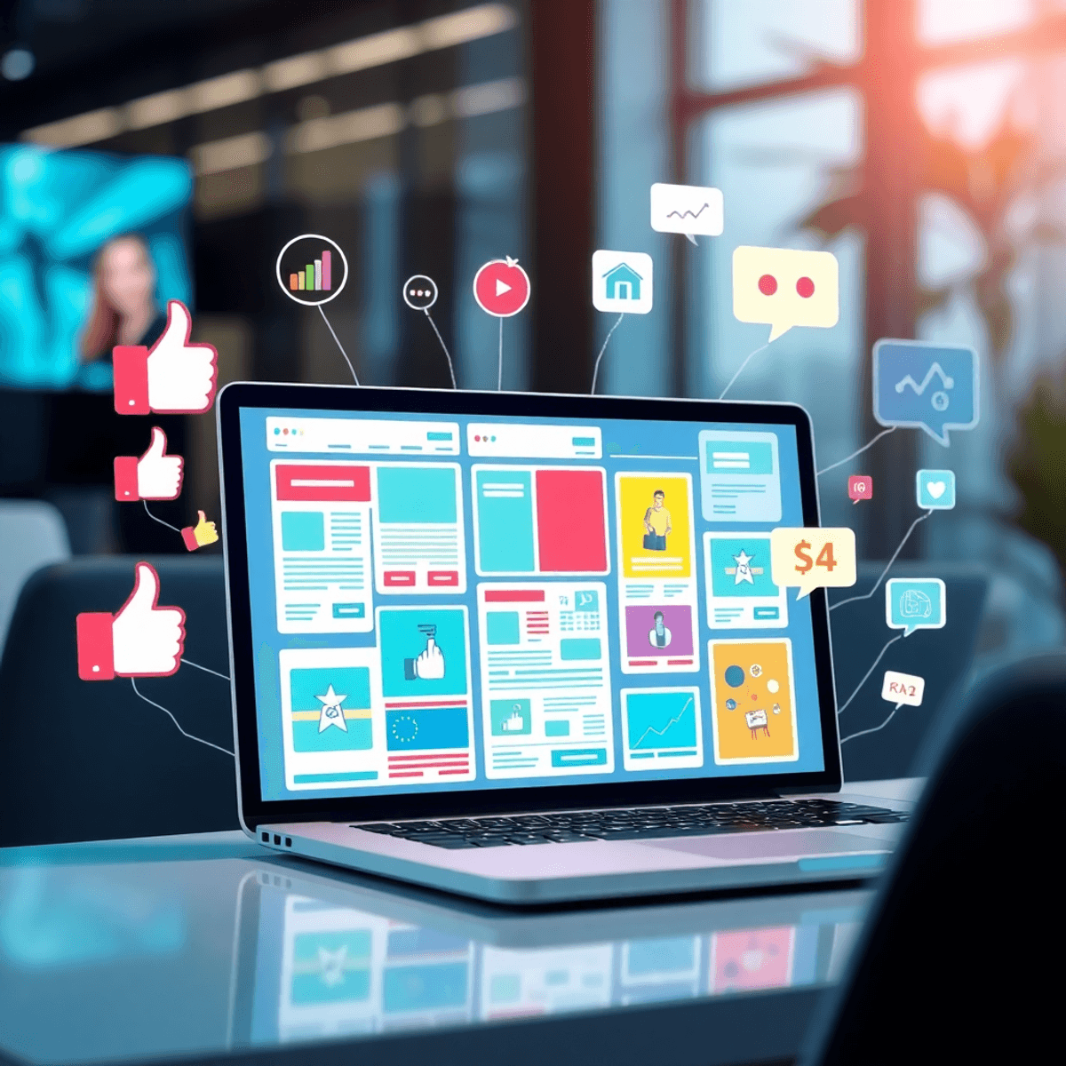 A laptop displaying colorful classified ads, surrounded by thumbs up, chat bubbles, and abstract icons for real estate, jobs, and services in a mod...