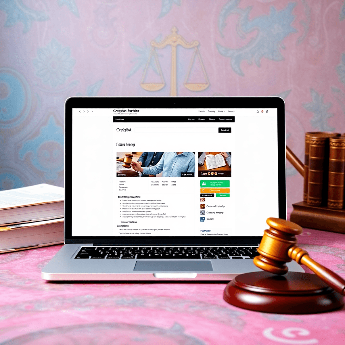A laptop showing a Craigslist page on a colorful legal-themed backdrop with a gavel and law books, representing online marketing for personal injur...
