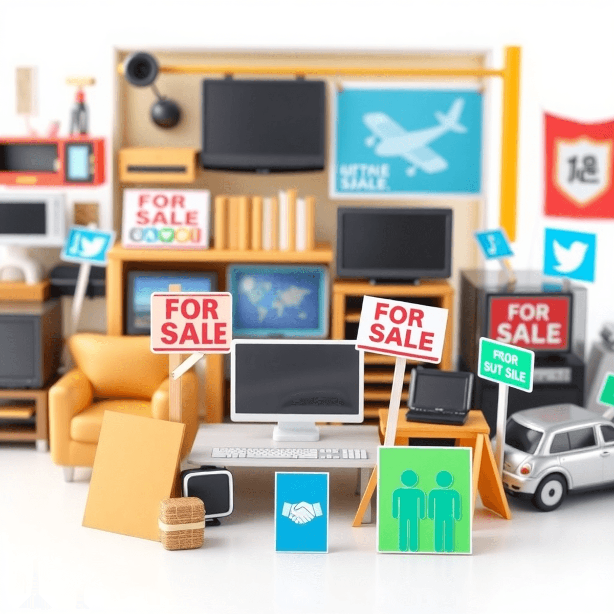 A lively digital marketplace filled with furniture, electronics, and vehicles for sale, featuring colorful "For Sale" signs and icons of community ...