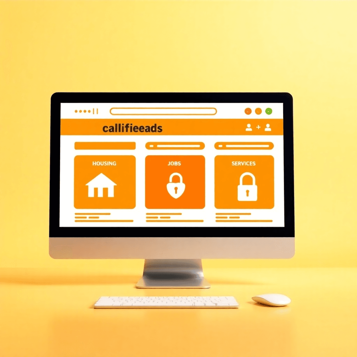 A vibrant computer screen shows a user-friendly classified ad interface with icons for housing, jobs, and services, along with security symbols lik...