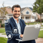How to Get More Seller Leads as a Real Estate Agent Without Paying for Expensive Ads A confident real estate agent smiling at a laptop, surrounded by digital marketing, community, and data icons, with a modern suburban neighborhood ...