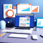 Digital marketing workspace with laptop showing classified ads site, SEO charts, and icons for backlinks, traffic growth, and brand visibility in a...
