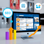 Digital marketplace interface showing free classified ads on popular platforms with SEO growth icons and a clean, modern background.