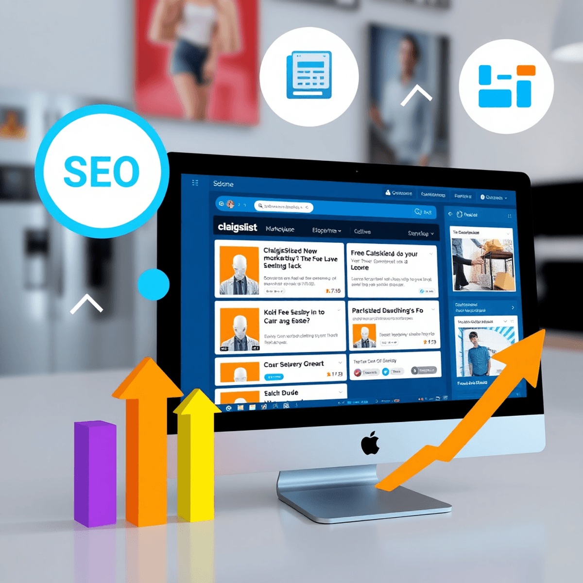 Digital marketplace interface showing free classified ads on popular platforms with SEO growth icons and a clean, modern background.