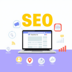 Laptop showing classified ads website surrounded by SEO icons like backlinks, maps, keywords, and traffic graphs on a clean modern background.