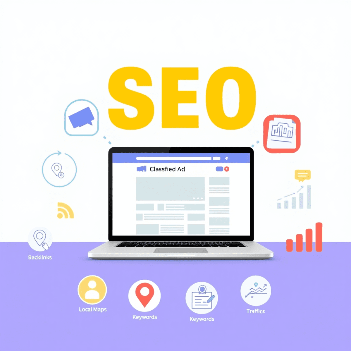Laptop showing classified ads website surrounded by SEO icons like backlinks, maps, keywords, and traffic graphs on a clean modern background.