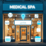 Modern medical spa storefront with glowing map marker and icons of search engines and calendars, representing local SEO and client bookings.