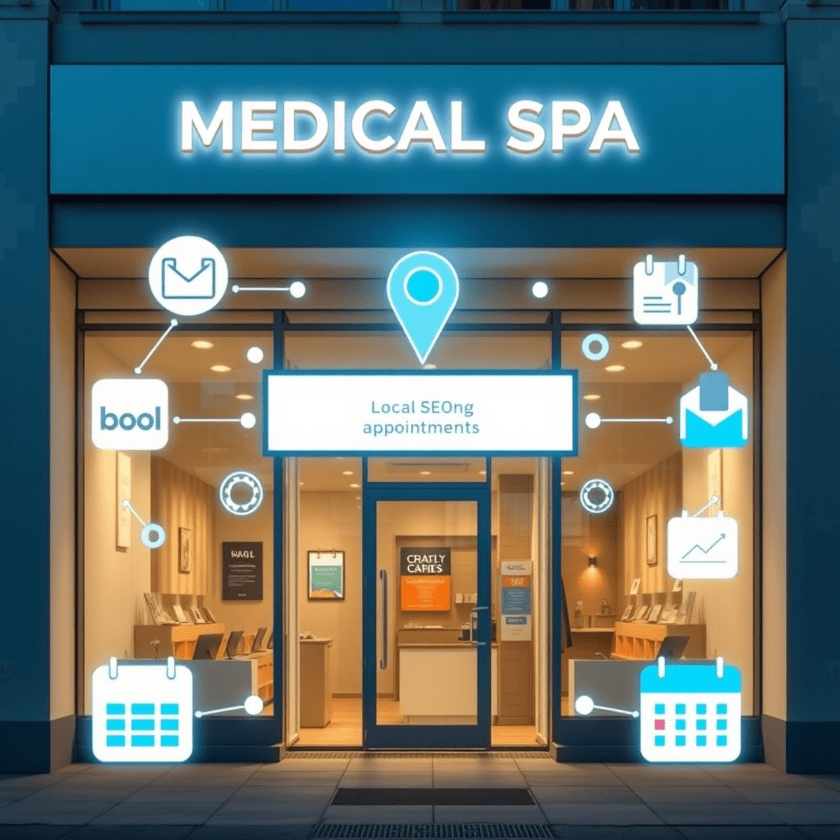 Modern medical spa storefront with glowing map marker and icons of search engines and calendars, representing local SEO and client bookings.